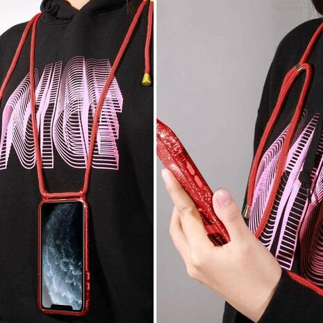 iPhone 12 Pro Max Rood - Glitter Back Cover met Koord