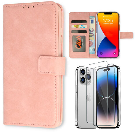 iPhone 15 Pro - Book Case &amp; 2x Glas - Baby Roze
