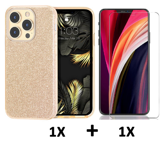 iPhone 14 Pro Max - Glitter Back Cover &amp; Glas - Goud