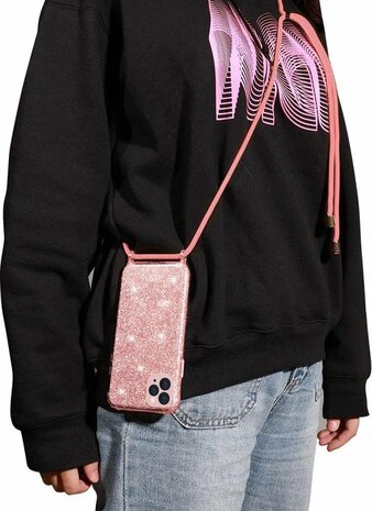 iPhone 12 Pro Max Roze - Glitter Back Cover met Koord