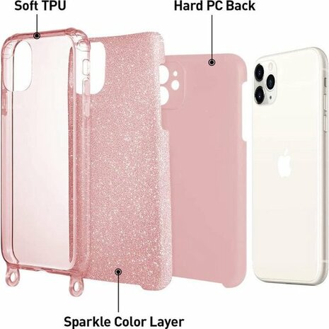 iPhone 12 Pro Max Roze - Glitter Back Cover met Koord