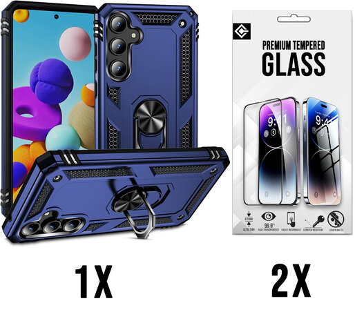 Samsung A55 - Blauw - 2X Glas - Armor met Kickstand Ring
