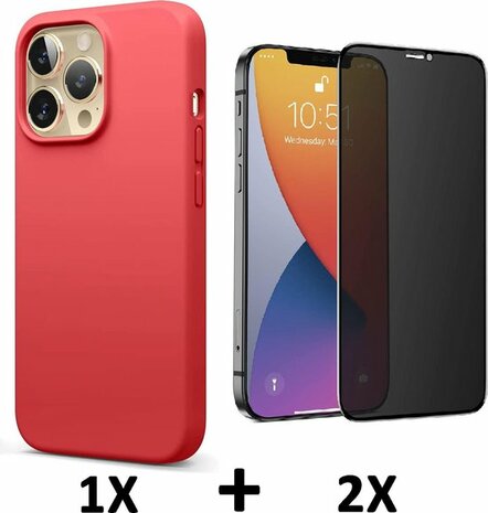 iPhone 13 Pro Max - Back Cover &amp; 2X Privacy Glas - Rood