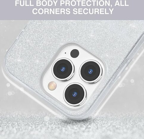 iPhone 14 Pro - Glitter Back Cover &amp; Glas - Zilver