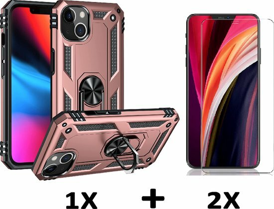 iPhone 14 Rosegoud &amp; 2X Glas - Armor met Kickstand Ring