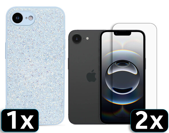iPhone 16E - Diamant Glitter &amp; 2x Glas - Blauw