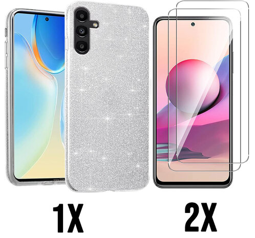 A14 - Glitter Back Cover &amp; 2x Glas - Zilver