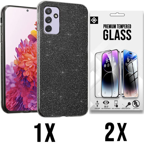 A55 - Zwart - 2X Glas - Glitter Back Cover