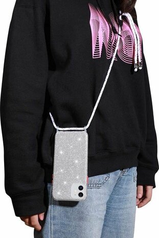 Samsung S21 Plus Zilver - Glitter Back Cover met Koord