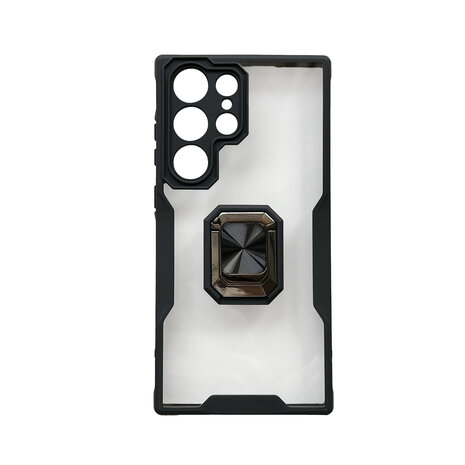 Samsung S23 Ultra Zwart - Transparant Back Cover Kickstand Ring