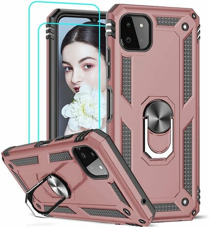 Samsung A22 5G Roségoud 2X Glass - Armor met Kickstand Ring