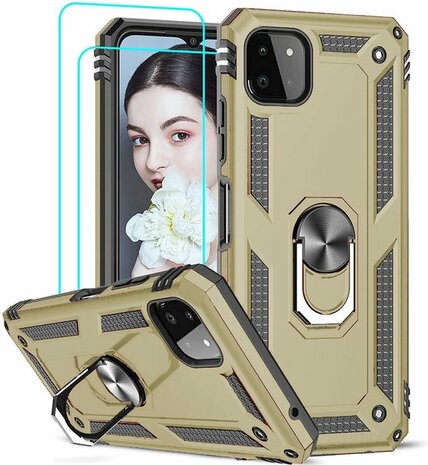 Samsung A22 5G Goud 2X Glass - Armor met Kickstand Ring