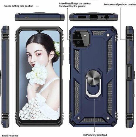 Samsung A22 5G Donker Blauw 2X Glass - Armor met Kickstand Ring