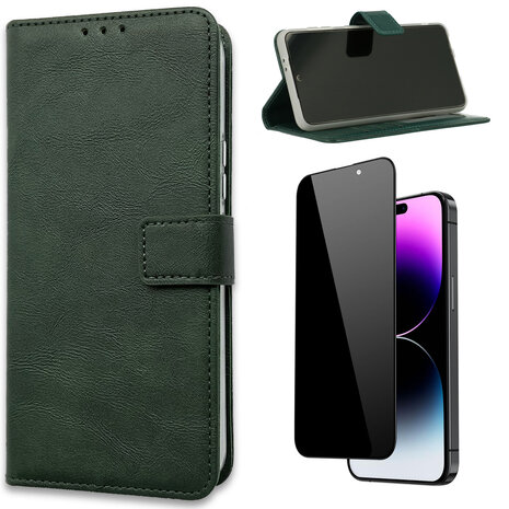 iPhone 15 Pro - Book Case &amp; Privacy Glas - Groen