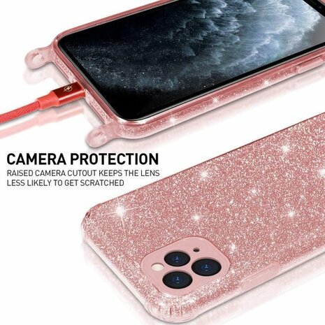 iPhone 12 Pro Max Roze - Glitter Back Cover met Koord