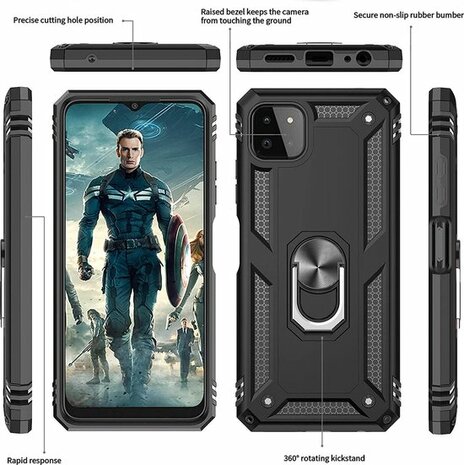 Samsung A22 5G Zwart &amp; 2X Glas - Armor met Kickstand Ring