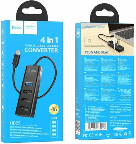 Hoco 4 in 1 Poort USB Hub - Type C naar 1X USB-A 3.0 en 3X USB-A 2.0 - Zwart