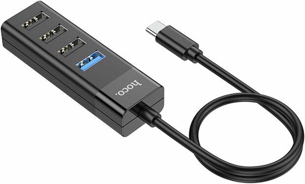 Hoco 4 in 1 Poort USB Hub - Type C naar 1X USB-A 3.0 en 3X USB-A 2.0 - Zwart