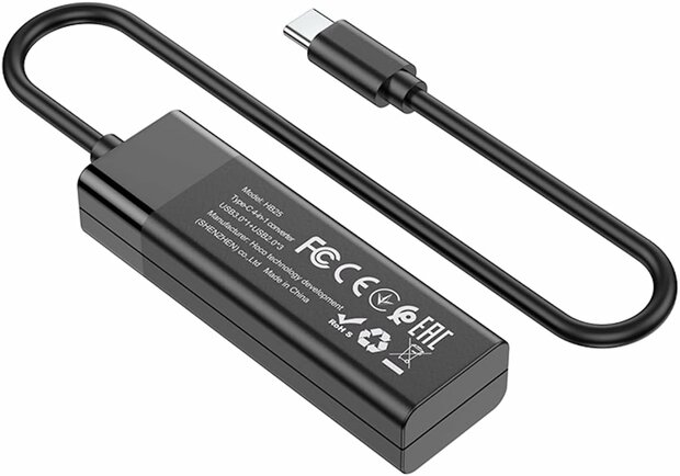 Hoco 4 in 1 Poort USB Hub - Type C naar 1X USB-A 3.0 en 3X USB-A 2.0 - Zwart