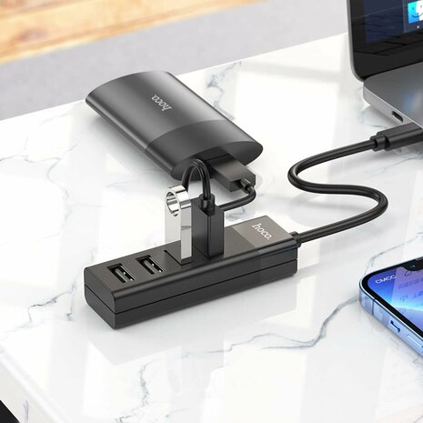 Hoco 4 in 1 Poort USB Hub - Type C naar 1X USB-A 3.0 en 3X USB-A 2.0 - Zwart