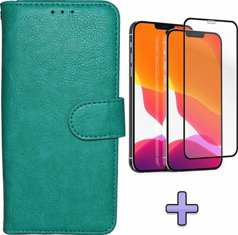 iPhone 12 Pro Max - HQ Book Case &amp; Full Glas - Turquoise