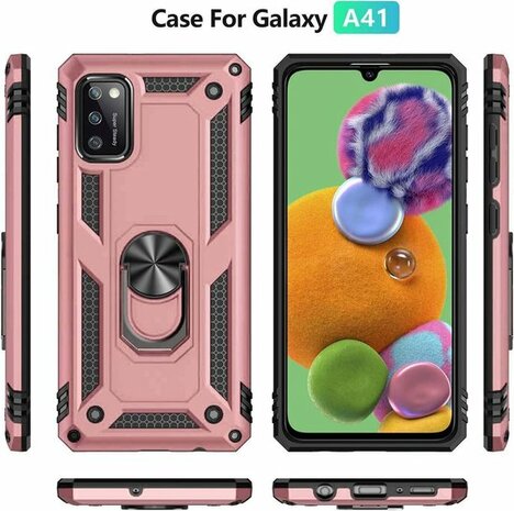 Samsung A41 Roségoud - Armor met Kickstand Ring &amp; 2X Glas