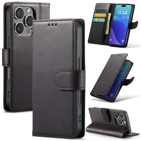 iPhone 16 Pro - Zwart - Lederen Book Case