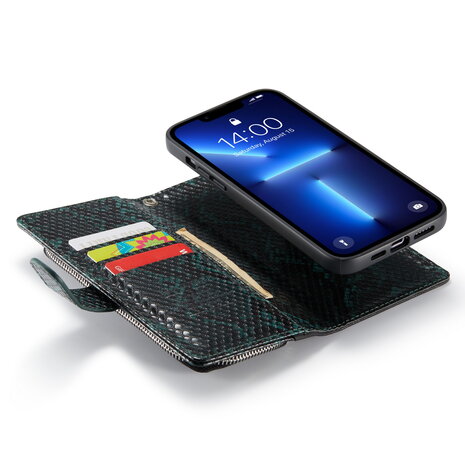 iPhone 13 Pro - Groen - 2 in 1 Slangen Portemonnee Book Case met Rits