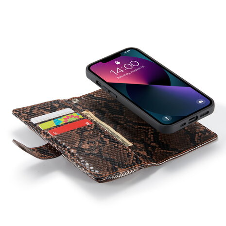 iPhone 13 Mini - Bruin - 2 in 1 Slangen Portemonnee Book Case met Rits