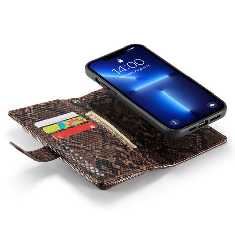 iPhone 13 Pro - Bruin - 2 in 1 Slangen Portemonnee Book Case met Rits