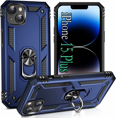 iPhone 15 Plus Blauw - Armor met Kickstand Ring