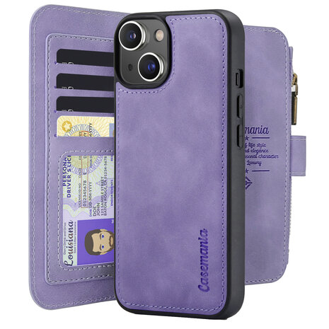 iPhone 15 - Bright Lila - 2 in 1 Rits Book Case