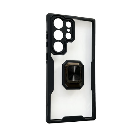 Samsung S23 Ultra Zwart - Transparant Back Cover Kickstand Ring