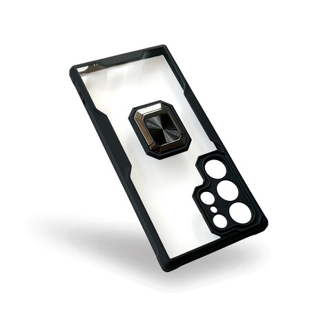 Samsung S23 Ultra Zwart - Transparant Back Cover Kickstand Ring