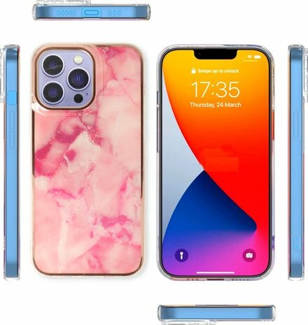 iPhone 14 Pro - Marmer Back Cover - Roze