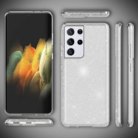 Samsung S21 Ultra - Glitter Back Cover - Zilver