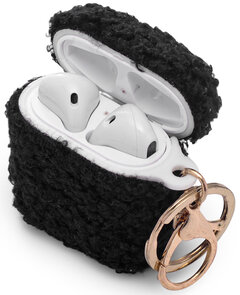 AirPods 1 &amp; 2 - Zwart - Schokbestendig Teddy Furr Cover met Ring &amp; Sleutelhanger