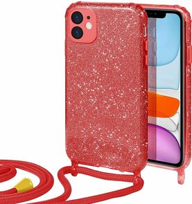 iPhone 12 Mini Rood - Glitter Back Cover met Koord