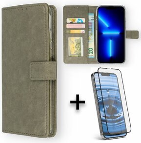 iPhone 13 - Book Case &amp; Full Glas - Grijs