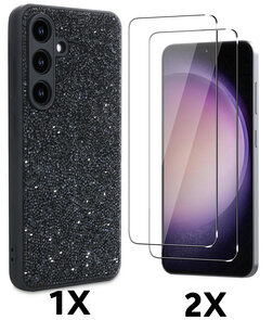 Samsung S25 - Zwart - Diamant Glitter &amp; 2x Glas
