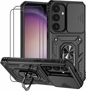 Samsung S25 Zwart - Kickstand Ring met Camera Bescherming &amp; 2x Glas