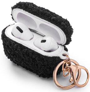 AirPods Pro &amp; Pro 2 - Zwart - Schokbestendig Teddy Furr Cover met Ring &amp; Sleutelhanger