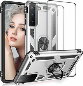 Samsung S21 Grijs - Armor met Kickstand Ring &amp; 2X Full Glas