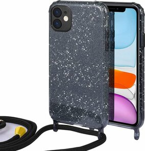 iPhone 12 Mini Zwart - Glitter Back Cover met Koord