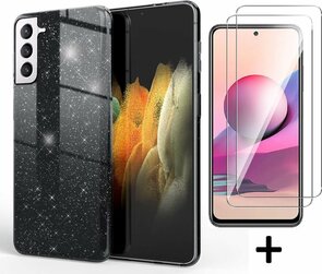 S21 FE - Glitter Back Cover &amp; 2x Glas - Zwart