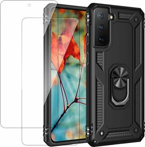 Samsung S21 Plus Zwart - Armor met Kickstand Ring &amp; 2X Glas