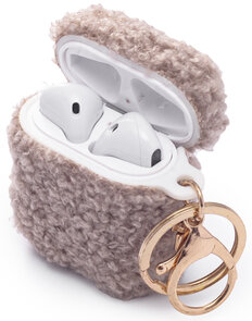 AirPods 1 &amp; 2 - Grijs - Schokbestendig Teddy Furr Cover met Ring &amp; Sleutelhanger