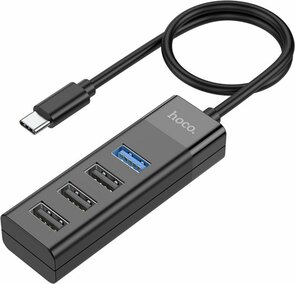 Hoco 4 in 1 Poort USB Hub - Type C naar 1X USB-A 3.0 en 3X USB-A 2.0 - Zwart