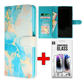 Samsung S25 Ultra - Book Case &amp; Glas - Marmer Aqua