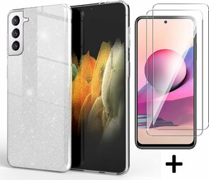 S21 FE - Glitter Back Cover &amp; 2x Glas - Zilver